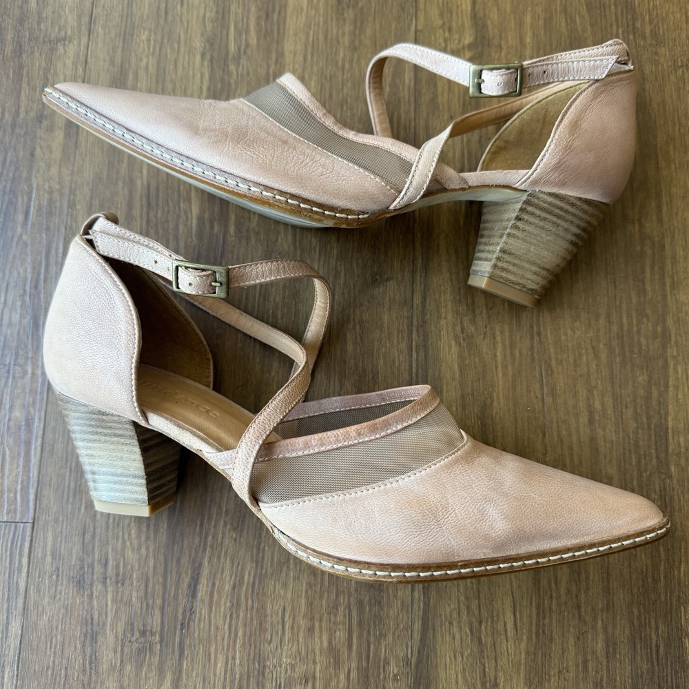 Sundance Tan Leather Pointed Toe Stacked Heel US 7.5 Ankle Strap Shoes 38 Spain